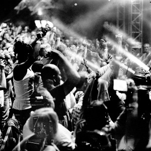 Double exposure of Marian Gold at the concert of Alphaville and the audience.